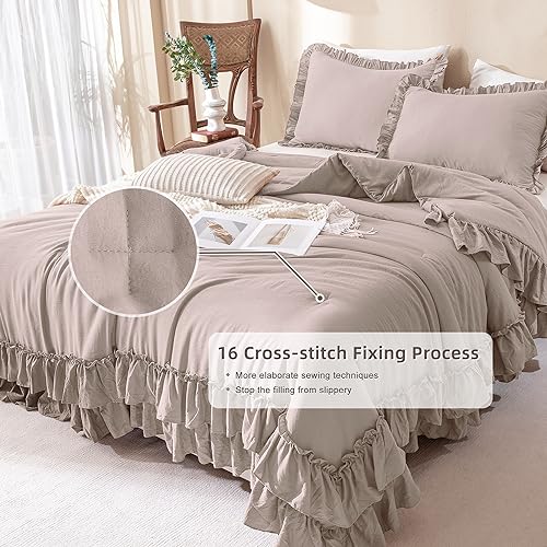 Image of QSH Ruffled Comforter Set Queen Size, 3pcs Taupe Shabby Boho Chic Bedding Comforter Sets, Ultra Soft Farmhouse Lightweight Microfiber Inner Fill Bed Comforter Set