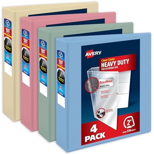 Image of Avery Heavy-Duty View 3 Ring Binders, 2 inch, 4 Assorted Pastel Binders | For Heavy School, Home and Office Use, DuraHinge Tear-Resistant Spine, DuraEdge Split-Resistant Sides, Interior Pockets