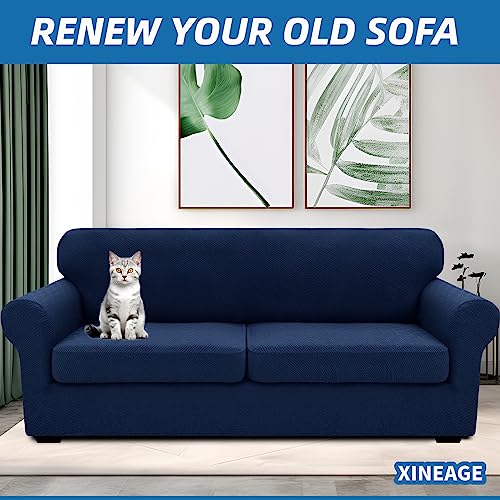 XINEAGE 2025 New 3 Pieces Couch Covers for 2 Extra Large Cushion Sofa Super Stretch Sofa Cover for 2 Large Seat Universal Loveseat Slip Cover for Living Room (Navy Blue), 71"-91"(2 Cushions)