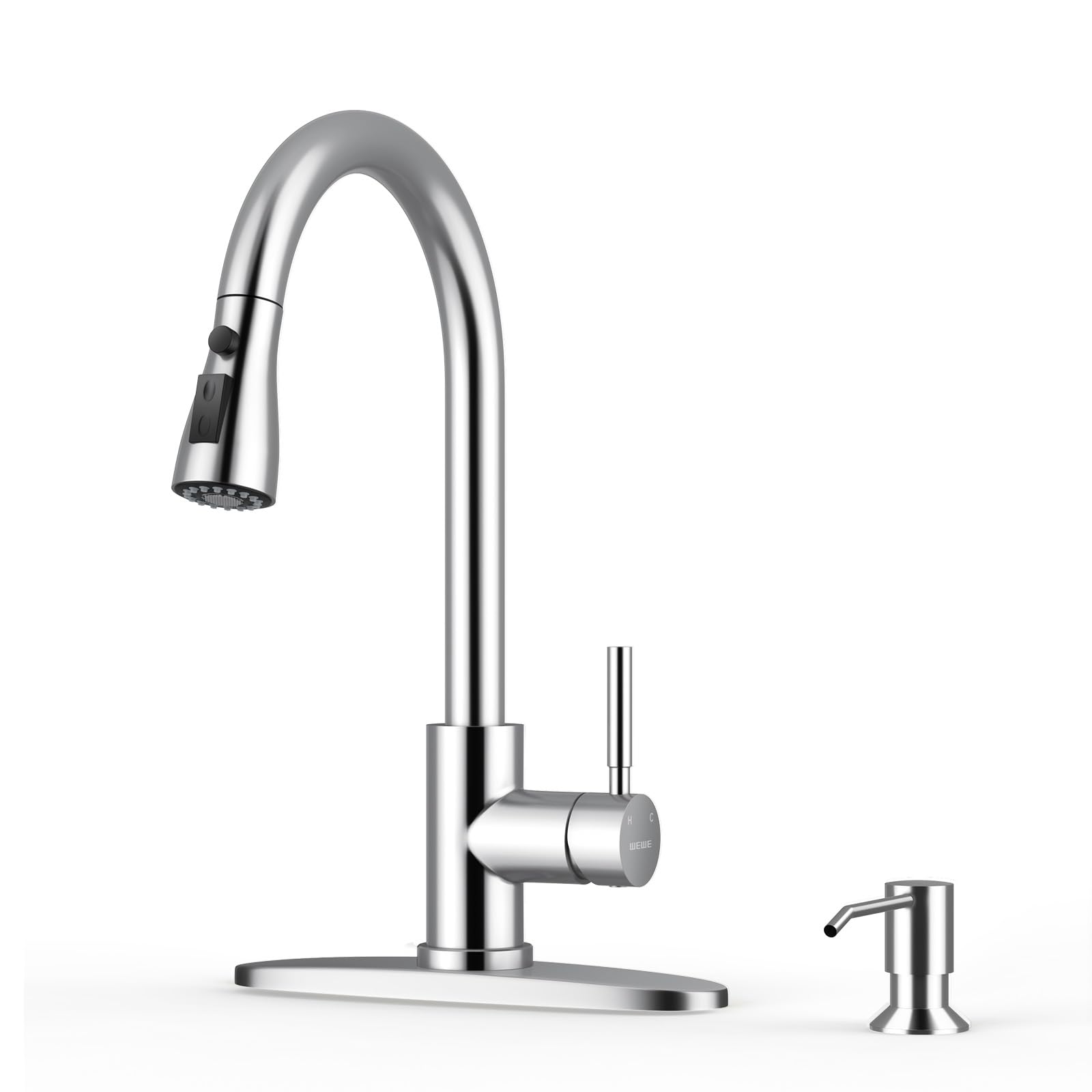 WEWE Kitchen Faucet with Soap Dispenser, Pull-Down Sprayer, Polished Chrome