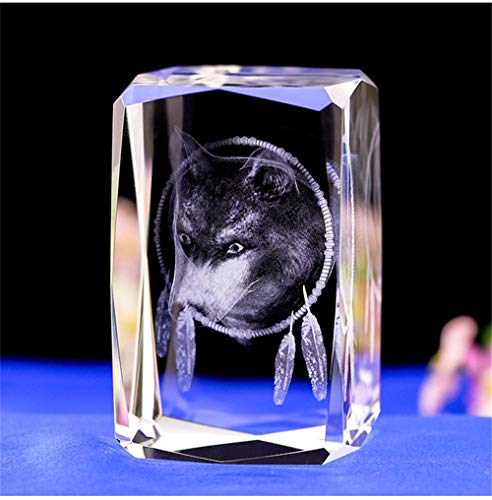 Crystal Glass Wolf Figure Model,3D Laser Etched Crystal Wolf Ornaments Art,Animal Crystal Glass Cube Engraving Wolf Sculpture Gifts With Gift Box (30X30X40Mm) #TOP4