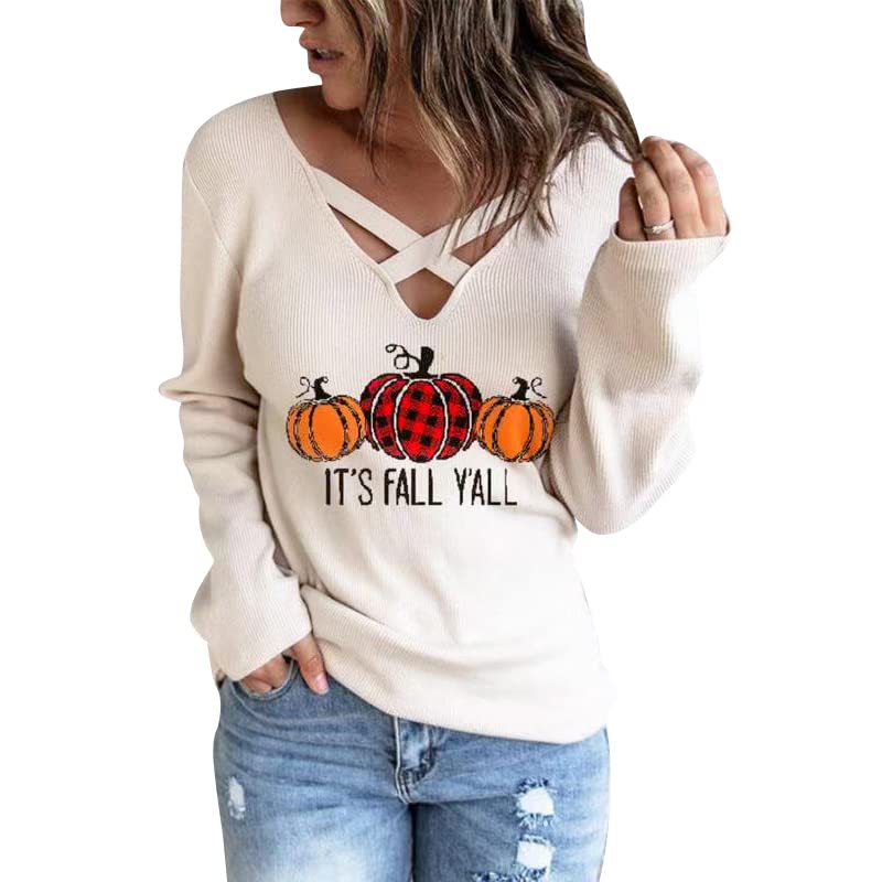 Image of Criss Cross V Neck Top for Women Pumpkin Thanksgiving Long Sleeve Christmas Sweater Crewneck Leopard Sweatshirt