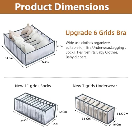 Image of atorakushon Mesh Grid Foldable Storage Organizer for Clothes| Cabinet Closet | Undergarments Almirah & Wardrobe Organiser Box For Socks, Bra, Tie, And Scarfs, Underwear & Panties Set of 3 Grey