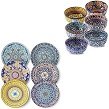glowworm Dinner Plates Set of 6, 10.5 Inch Ceramic Plates for Pasta, Cereal Bowls Set of 6, 26 Oz Ceramic Soup Bowls for Kitchen, Bohemian