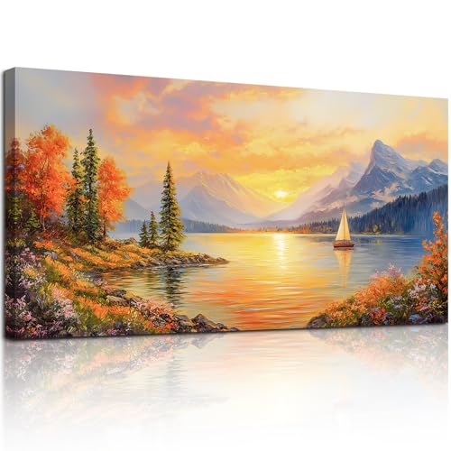 SERIMINO Autumn Landscape Wall Art, Lake Sunset Canvas Extra Large Artwork, Mountain Forest Boat Nature Art Prints, Modern Wall Pictures for Living Room Bedroom, Rustic Farmhouse Wall Decor 30"X60"