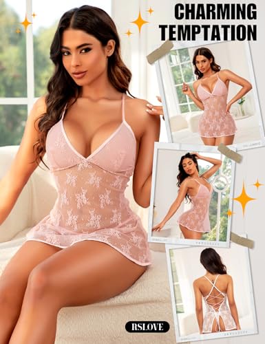 RSLOVE Lace Babydoll Lingerie for Women - Sexy Chemise Mesh Sleepwear Nightgown V neck Nightwear Outfit Strap Dress Nighty4