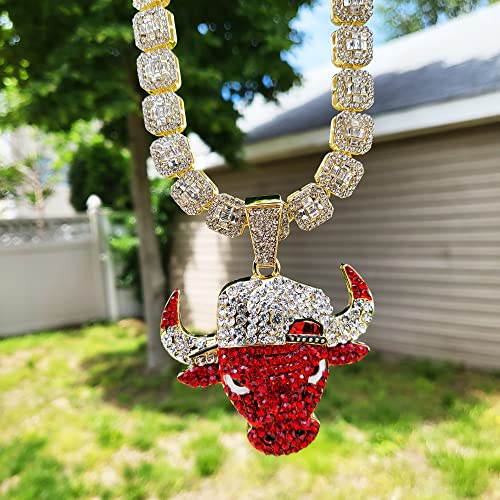 14K Gold plated Large Bull Icy Charm Pendant & 12mm 16" 18" 20" Iced Baguette Stone Chain Hip Hop Jewelry Bling Fashion Necklace4