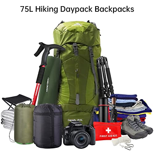 King'sguard Hiking Backpack For Men And Women 70L+5L Waterproof Lightweight Camping Daypack With Rain Cover For Outdoor Travel Mountaineering - Frameless (Green) #TOP3