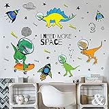 Picture of Yovkky Boys Space Dinosaurs Astronauts Wall Decal, Peel Stick Funny Dino Animal Planet Sticker Nursery Rocket Spaceship Decor, Home Baby Room Decorations Kids Bedroom Playroom Art Party Supply Gifts