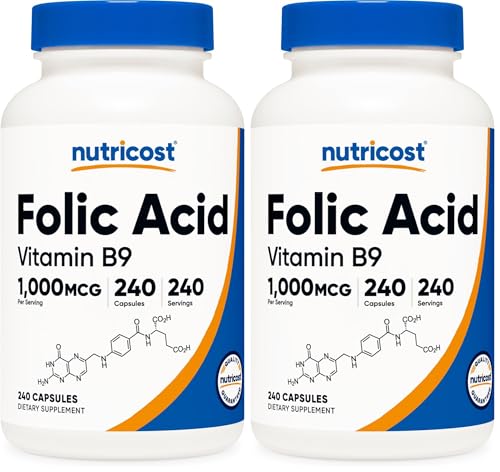 Image of Nutricost Folic Acid (Vitamin B9) 1000 mcg, 240 Capsules (Pack of 2)