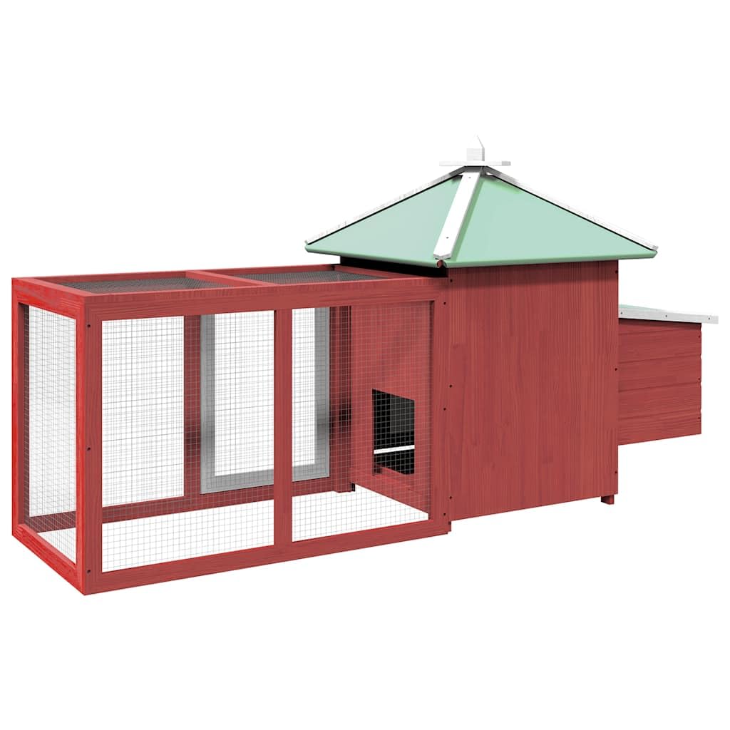 Hühnerstall mit Hühnernest Rot aus massivem Tannenholz 190x72x102 cm mit großem Auslauf und verzinktem Stahlgeflecht für Kleintiere, Kaninchenstall, Outdoor Gehege, komfortable Behausung