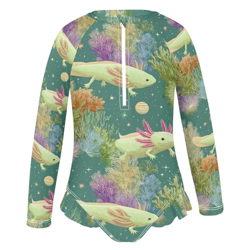 Axolotl with Colorful Plants Girls Rash Guard Swimsuits Long Sleeve One Pieces Bathing Suit UPF 50+ Zipper Swimwear2