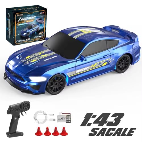 Image of FEXXA 1 /43 Scale RC Drift Race Car Gyro 4WD Ready to Go Mini Remote Control Car High Speed Model (1:43 RC Drift Mustang-Blue)