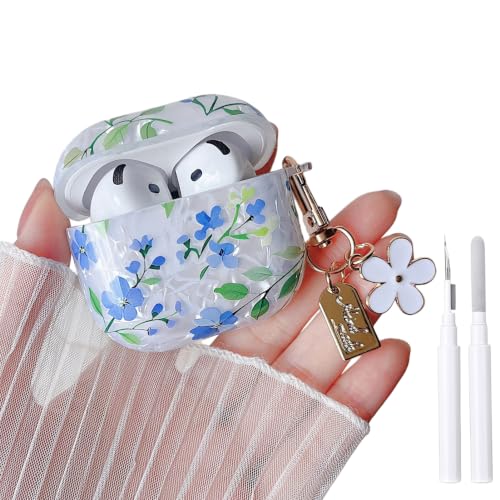 Image of MINSCOSE for Glitter AirPods 4 Case,Cute Shell Pattern Flower Design with Floral Keychain,Soft TPU Anti-Drop Shockproof Cover with Cleaner Kit for Women Girls for AirPods 4-Blue Flower