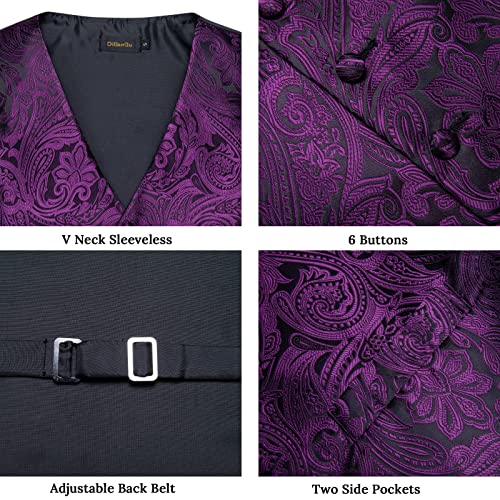 Image of DiBanGu Mens Paisley Vest Silk Sleeveless Suit Vest and Neck Tie Pocket Square Cufflinks Set for Wedding Formal