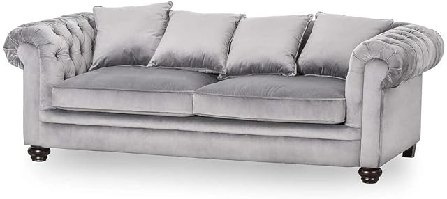 Hill 1975 Grey Velvet Large Chesterfield Three Seater Sofa, One Size