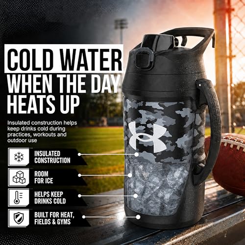 Image of Under Armour Insulated Water Bottle with Handle & Fence Hook, Half Gallon Sports Water Jug, Leak-Resistant & BPA-Free for Baseball, Football & Gym - Black Woodland, 64oz