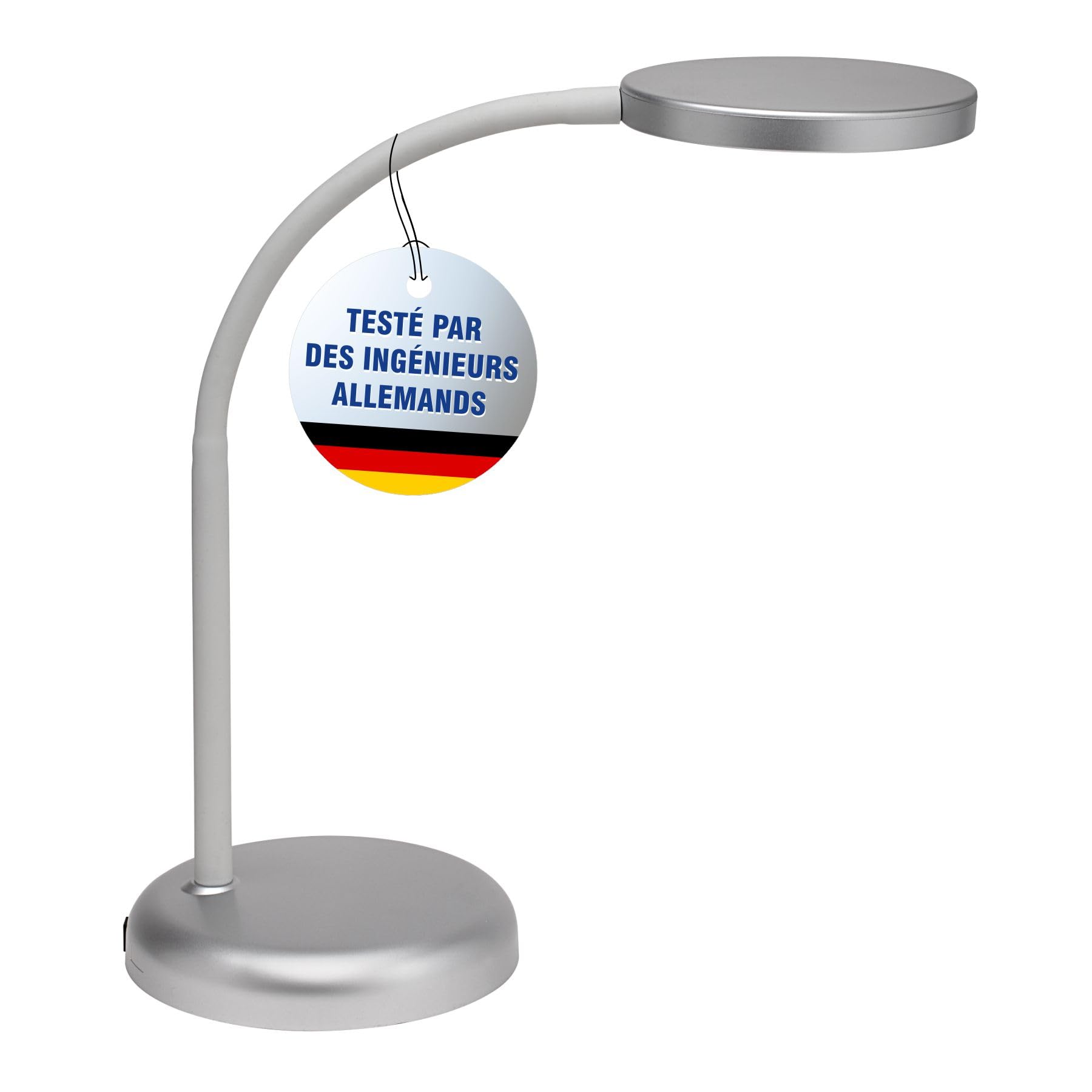 Lampe bureau LED compacte et articulée couleur argent avec pied lourd stable