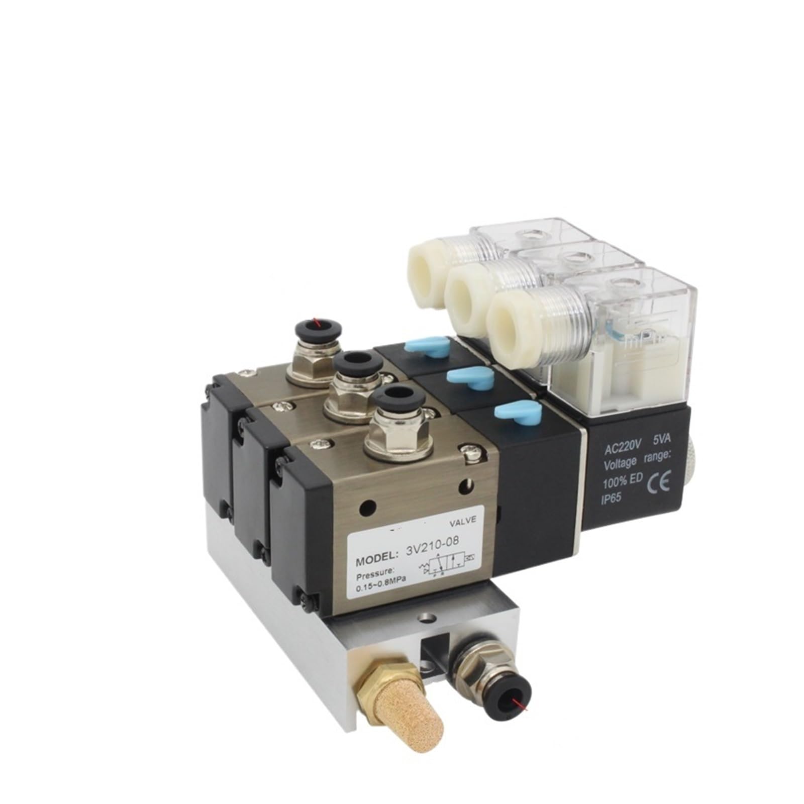 3V110-06-NC Normalnie zamknięty blok zaworów elektromagnetycznych z akcesoriami do tłumika kolektor bazowy DC12 V 24 V AC110 V 220 V 3 porty (złączki AC220V 4 mm, 2 stacje)