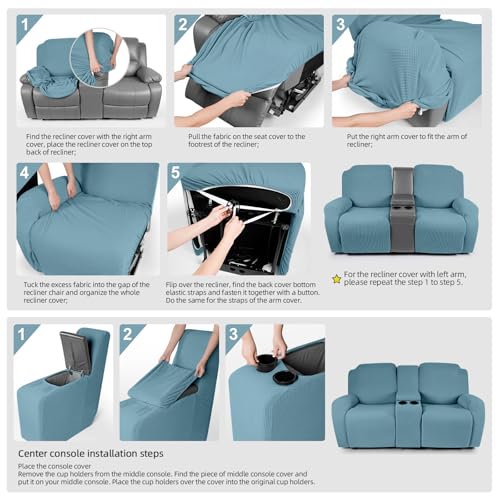 Image of TAOCOCO Recliner Loveseat Cover with Middle Console Sofa slipcover, Stretch Reclining Sofa Covers for 2 Seat Reclining Couch, Jacquard Pattern Soft Loveseat Slipcover Furniture Protector, Dusty Blue