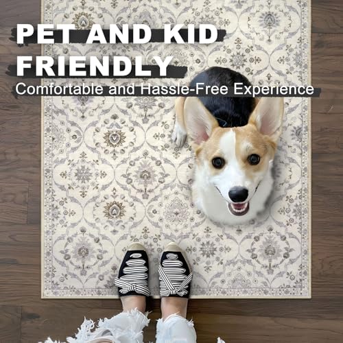 KILOCOCO 2x6 Runner Rug, Moroccan Super Soft Washable Hallway Entryway Runner Rug, Accent Print Faux Wool Kitchen Runner Rug 6 Feet Non-Slip Boho Rug Runner for Laundry Room Bedroom, Beige Yellow