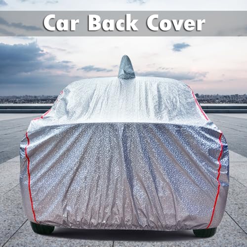 Image of Waterproof Car Body Cover Compatible with Kia Sonet Mirror and Antenna Pocket, All Weather Protection Cover (Silver Color with Red Piping Style)
