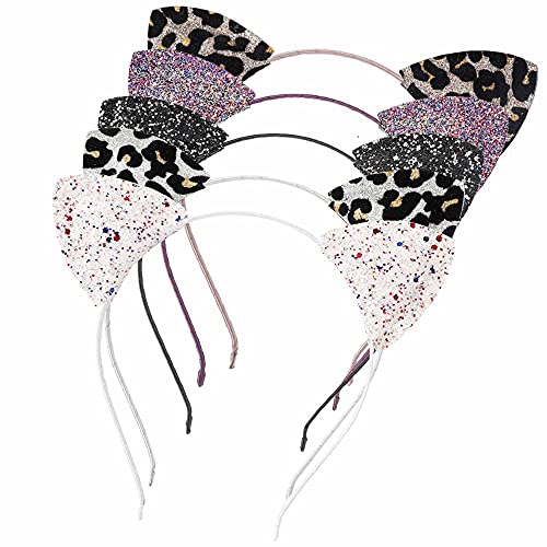Lirila Leopard Print Cat Ears Headbands Multicolor Glitter Sequin Makeup Ears Hairbands Festivals Party Decoration for Women and Girls, Pack of 5