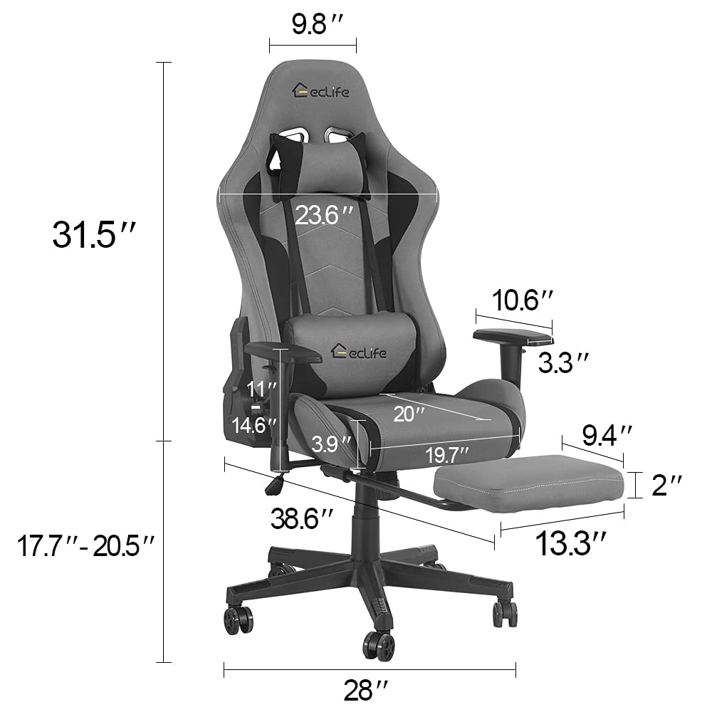 eclife Gaming Chair PC Ergonomic Racing Task Chair Grey Composite Linen
