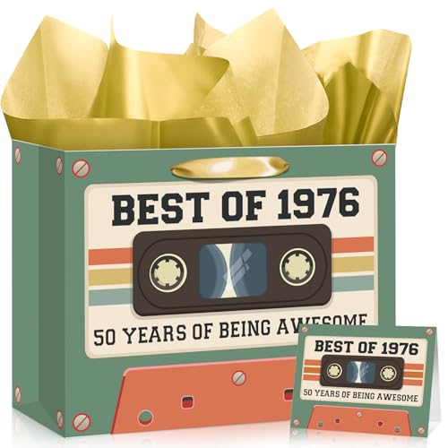 50th Birthday Gift Bag for Men Women Retro Tape 1976 Birthday Party Favor Bags with Tissue Paper and Card Green Vintage Cassette 50 Years Old Gift Wrapping Bag Decorations for Mom Dad Friends Gifts