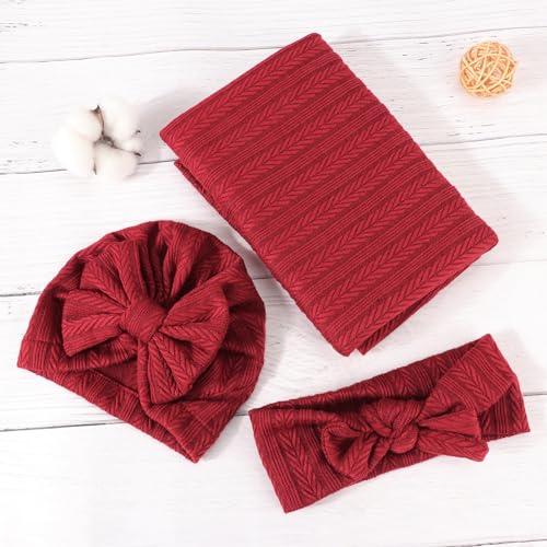 Image of DRESHOW BQUBO Newborn Receiving Blanket Toddler Warm for Girls with Bow Hat and Bow Headband Shower Gift