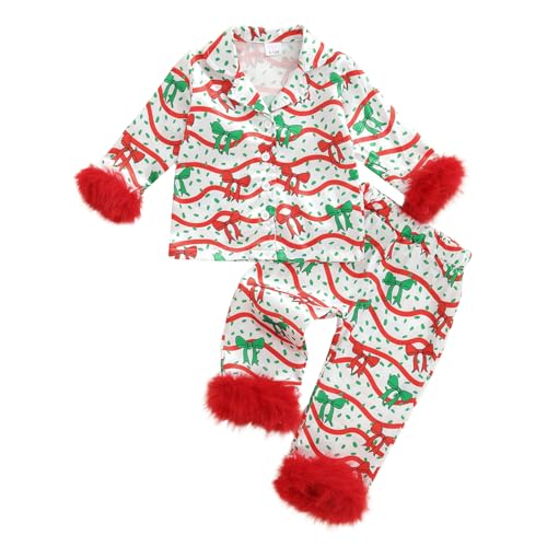Kuriozud Kids Christmas Pajamas Toddler Girl Santa Feather Trim Button Down Tops Pants Girls Bow Sleepwear Silk Satin Pjs Set