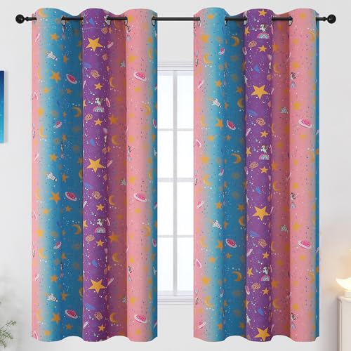 Image of Pink Purple Blue Star Moon Unicorn Curtains for Girls Bedroom 63 Inch Long | Estelar Textiler Room Darkening Colorful Rainbow Design Grommet Privacy Window Drapes for Kids Playroom,38Wx63L,2 Panels
