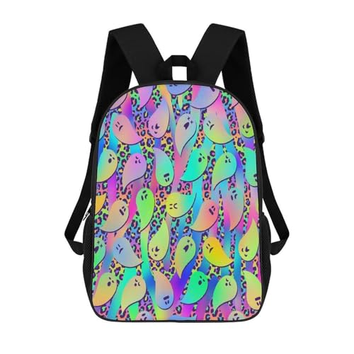 OBLUE Colorful Neon Ghost Leopard Print Backpack 17 Inch Shoulders Daypack Simple Leisure Travel Bag