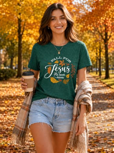 Fall Graphic Shirts for Women Faith Christian T-Shirt Vintage Autumn Thanksgiving Tops Retro Crew Neck Casual Tee Green - image 2