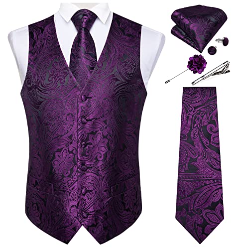 Image of DiBanGu Mens Vest and Tie Set Formal Paisley Waistcoat and Necktie Pocket Square Cufflinks Silk Suit Vest for Tuxedo Wedding