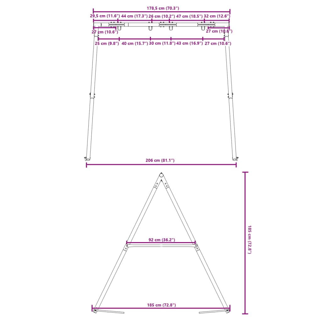 vidaXL Telaio per Altalena da Esterno L 206 x A 185 cm, struttura altalena da giardino, supporto altalena ad A, struttura altalena in metallo per carichi pesanti