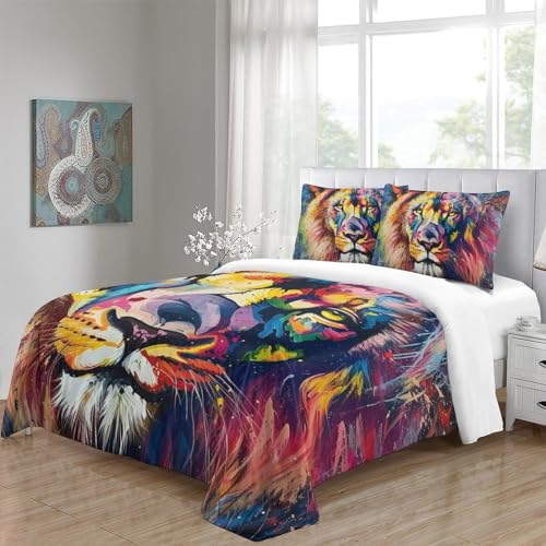 Housse de couette lion parure de lit 3 pièces en microfibre 260x220cm