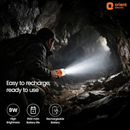 Image of Orient Electric BeamX 9W Portable LED Torch with Bulb | Emergency Hanging Hook Lantern | Type-C Charging | 1500 mAh Rechargeable Emergency Light |6 Hours Run time| Cool Day Light, Pack of 1