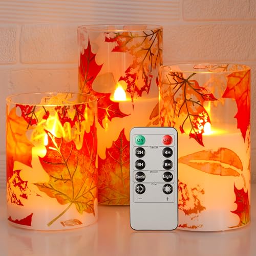 Image of Fall Flameless Candles, Maple Leaf Battery Operated with Remote, Glass Autumn LED Flickering Pillar Candles for Fall, Thanksgiving, Harvest, Halloween Decor, 3 Pack