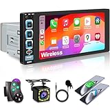 6.9' Single Din Car Stereo Wireless Apple CarPlay,IPS 1280 * 480 Capacitance Touchscreen, Car Bluetooth 5.2, FM Car Radio, Car Audio Receicers, Night VisionBackup Camera, Android Auto, USB Type-c