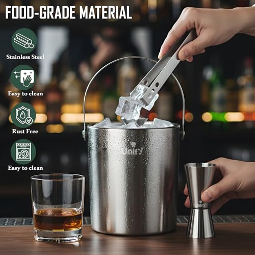 Image of Unify 3 Pieces Stainless Steel Double Wall Ice Bucket Set (1 Litre) with Lid, Ice Tongs & 30 /60 ml Peg Measurer | Insulated Ice Bucket for Home Bar, Parties & Cocktails, Bar Accessories