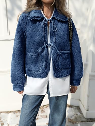 Image of Tankaneo Womens Quilted Denim Puffer Jackets Tie Front Bow Cropped Puffy Jackets Fall Cute Short Jeans Coat