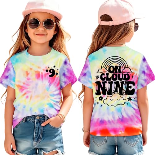AG AGUU On Cloud Nine Birthday Girl Shirts 9th Birthday T-Shirt Girls 9 Years Old Tie Dye Outfits Kids B-Day Party Tee Tops(Tie-dye-c-9th)