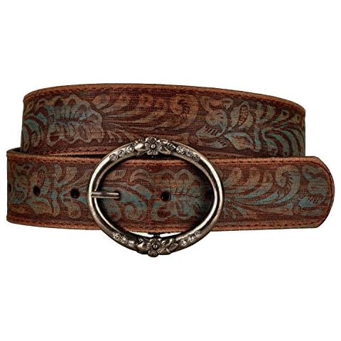 Distressed and Embossed Brown Teal Leather Belt with Rhinestone Ring Buckle, Black, Medium Cover