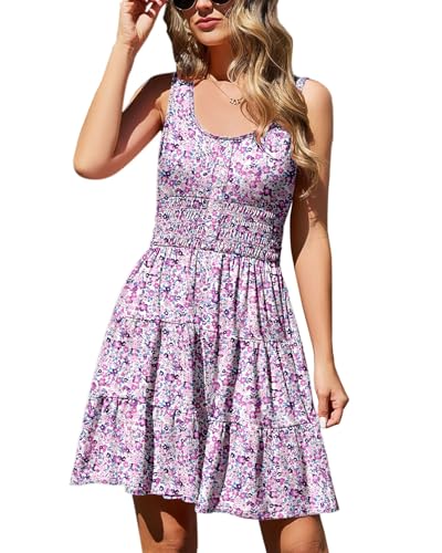 Image of Summer Dresses for Women Casual Sleeveless Sundresses Elastic Waist Mini Sun Dress