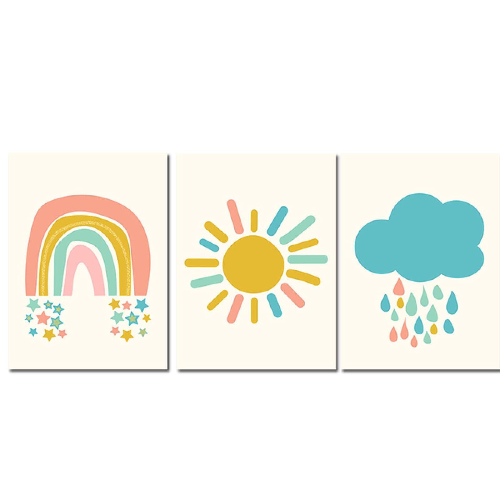 KDXAOBEI Arc-en-ciel Nuage Et Soleil Pépinière Mur Art Toile Peinture Affiches Et Gravures Mur Photos pour Bébé Chambre Décoration 51x71cm(20x28in) x3 avec cadre