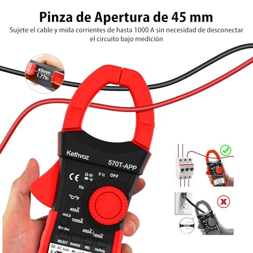 Strommesszange Bluetooth 4000 Counts Stromzange, Kethvoz Zangenmultimeter Strommessgerät mit Automatischem Messbereich für Widerstand Kapazität Durchgang Temperatur Diode Messen KE-570T-APP