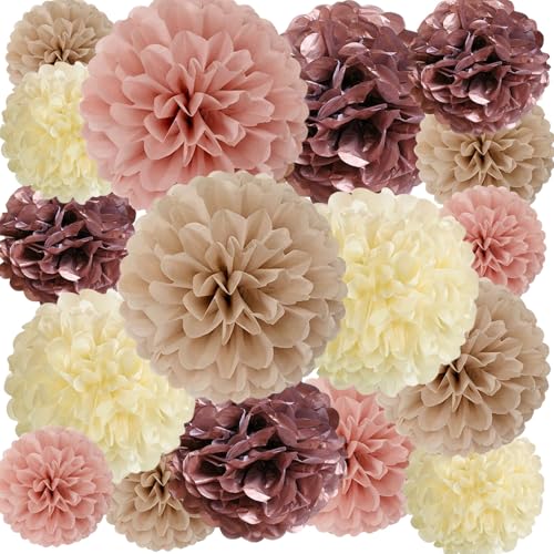 Image of 20 PCS Tissue Paper Pom Poms, Tissue Pom Poms Flowers, Sizes of 6 inch, 10 inch, 12 inch, 14 inch Hanging Paper Flower Ball for Wedding, Birthday, Baby Shower Party Decor (Ivory Brown Rose Gold Pink)
