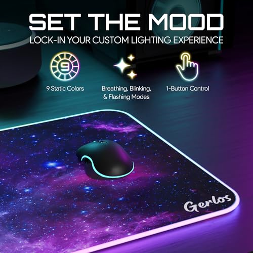Image of Gerlos RGB Gaming Mouse Pad, Large LED Desk Mat, 31.5 x 11.8 Inch | 12 light modes, non-slip base, water-resistant surface, stitched edges