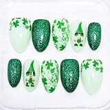 30Pcs St. Patrick's Day Press on Nails Short Almond Fake Nails Cute Gnome Acrylic Nails Irish Shamrock Glue on Nails Glitter Green Spring Glue on Nails Lucky Clover Full Cover French False Nails Decor